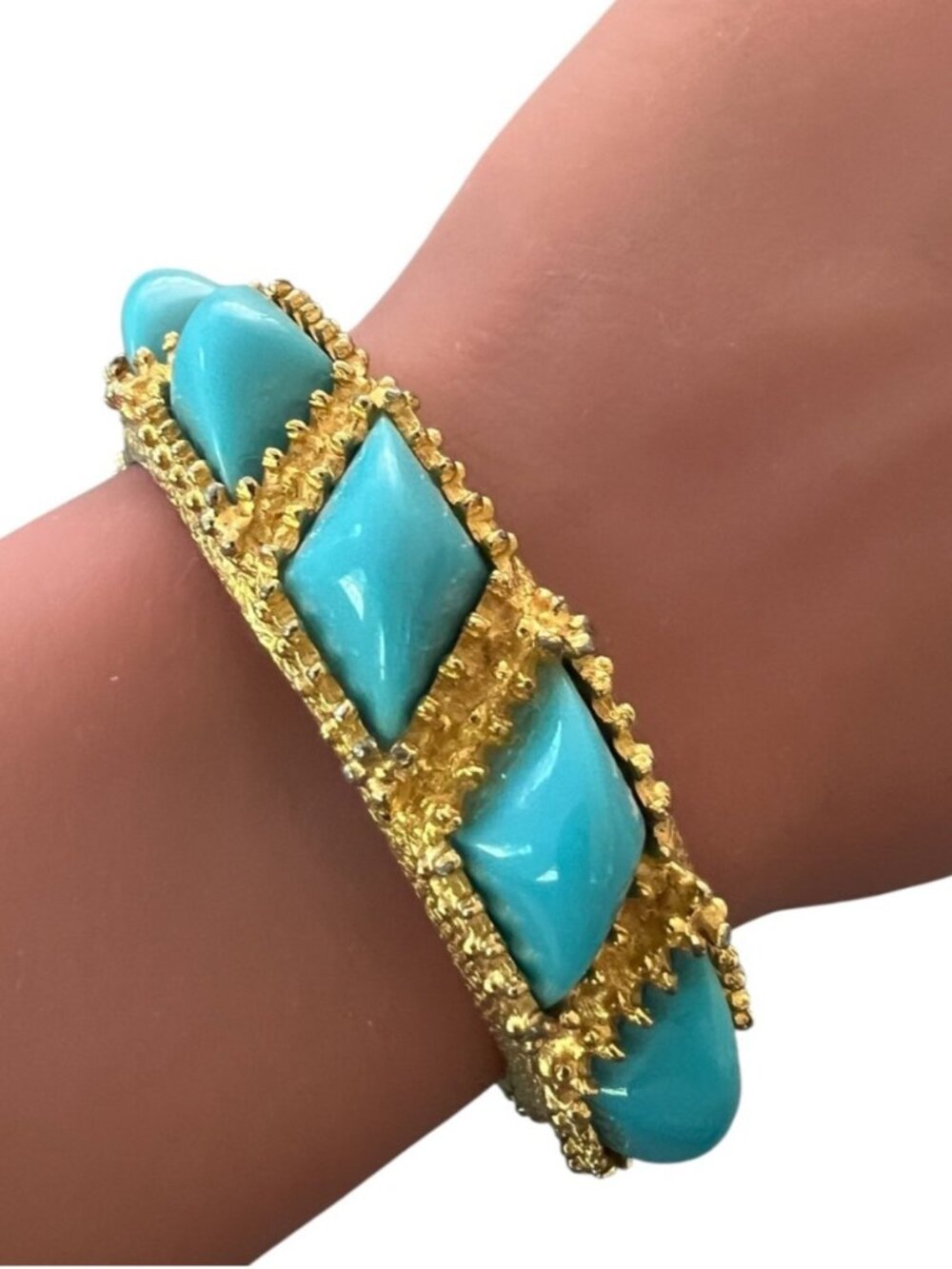 Vintage KJL Kenneth J Lane Hinged Bangle, Faux Turquoise Textured Gold Tone